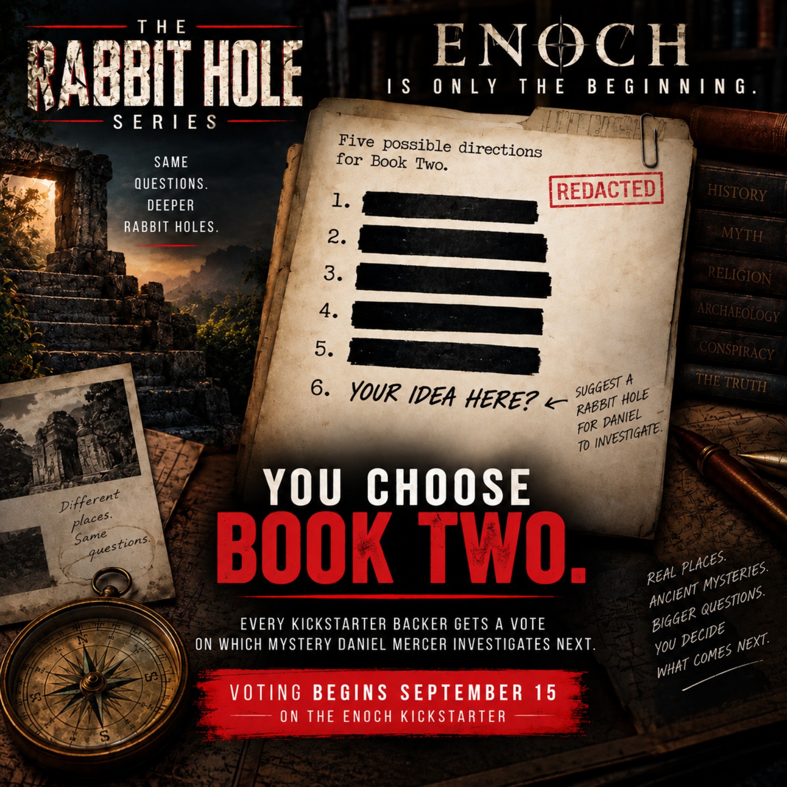 Book Two teaser for The Rabbit Hole Series showing five redacted possible investigations and inviting Kickstarter backers to choose what Daniel Mercer investigates next.