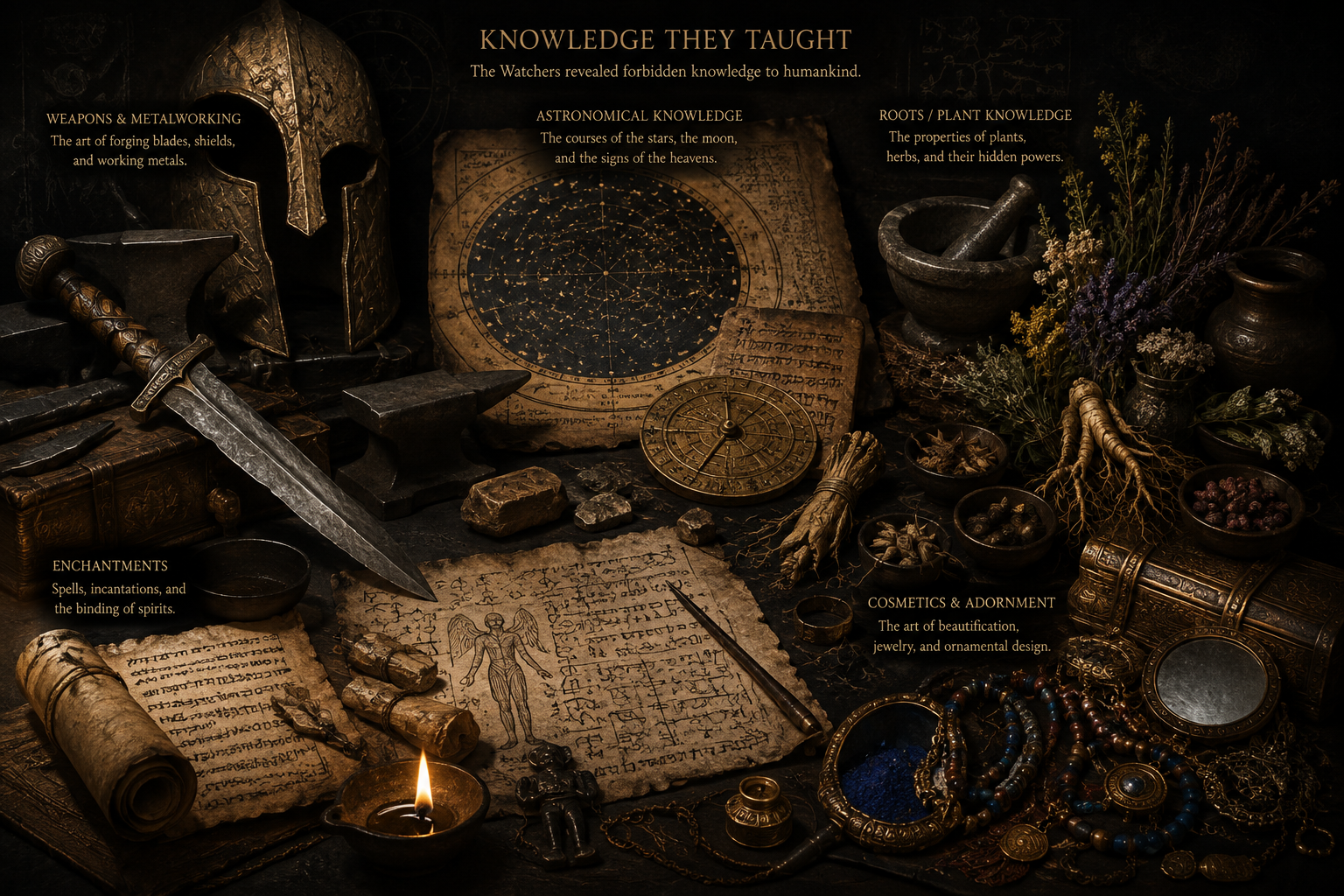 Illustrated collage of metalwork, celestial charts, herbs, and adornment