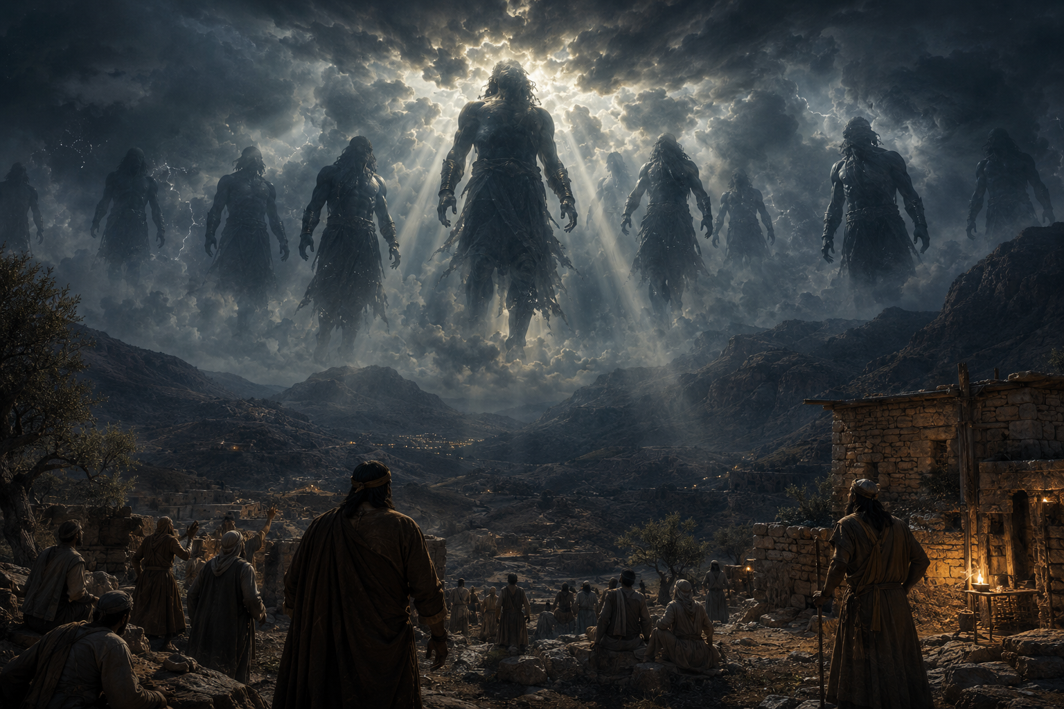 Artist's interpretation of the Watchers descending toward a mountain valley