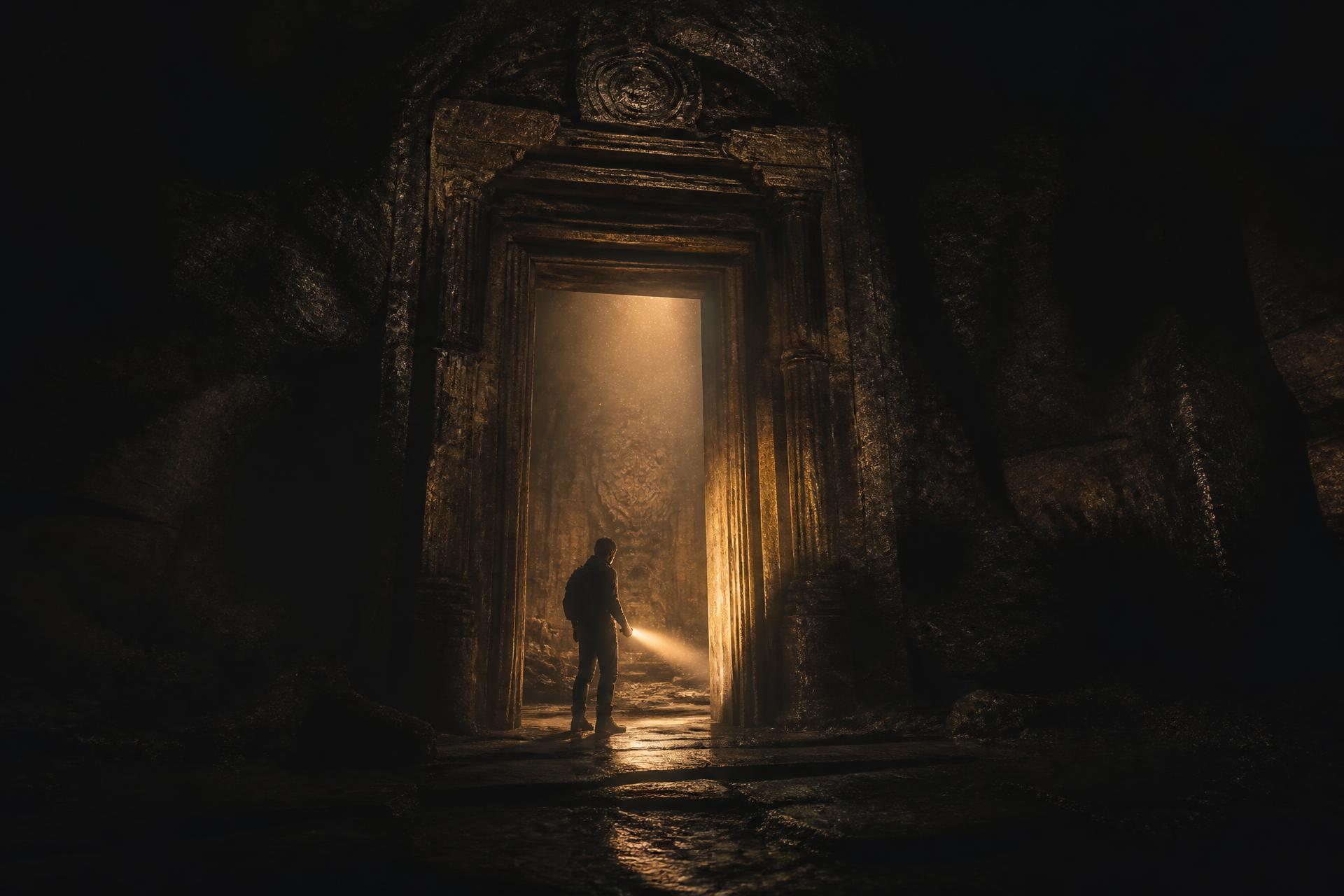A lone figure with a flashlight at the threshold of an ancient stone passage