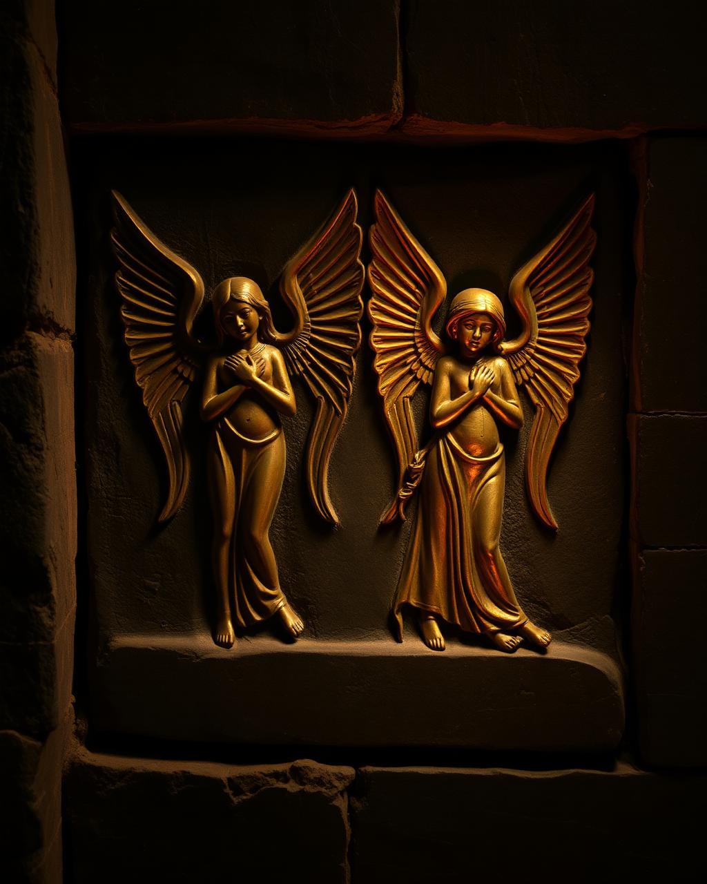 Weathered stone relief of winged figures